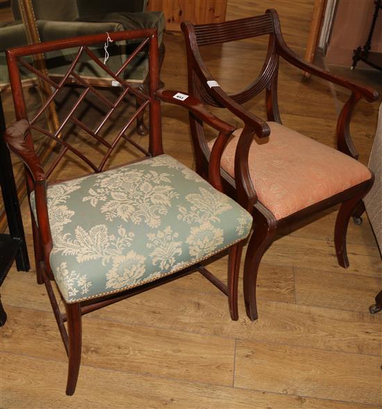 A George III style cockpen back elbow chair and a Regency style elbow chair